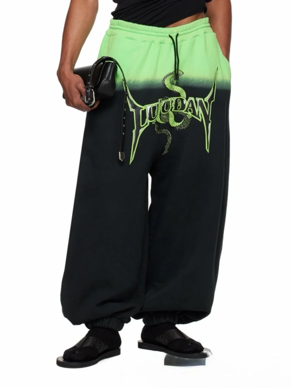 LUU DAN Green/Black Gradient Logo Sweatpants Drawstring Elastic Waist Pockets S